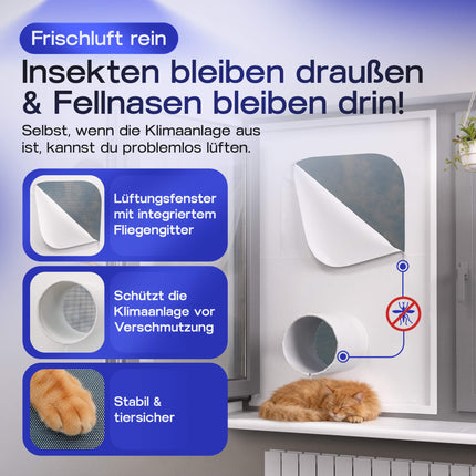 Stabile und tiersichere Fensterabdichtung von Frosnir, geeignet für Haushalte mit Katzen und mobilen Klimageräten.