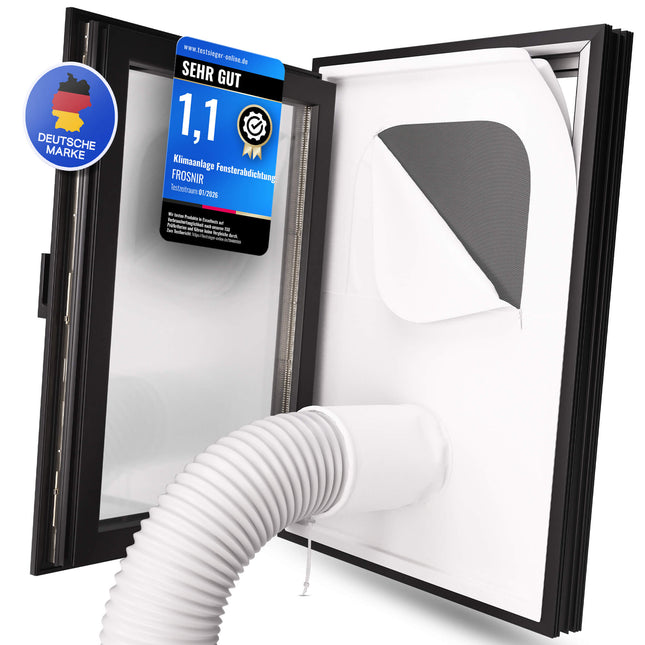 Fensterabdichtung von Frosnir, deutsche Premium Marke, häufig empfohlen für effiziente Lösungen bei mobilen Klimaanlagen.
