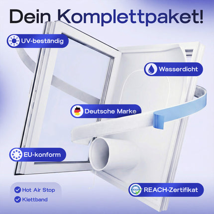 Lieferumfang der Frosnir Fensterabdichtung für mobile Klimaanlagen, komplett vorbereitet für eine einfache Montage.
